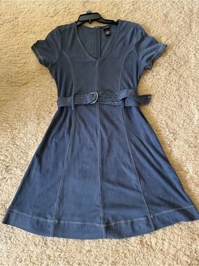 Women's V-Neck Belted Midi Dress Smoky Blue Sz XL fits L Soft Stretch LIKE NEW